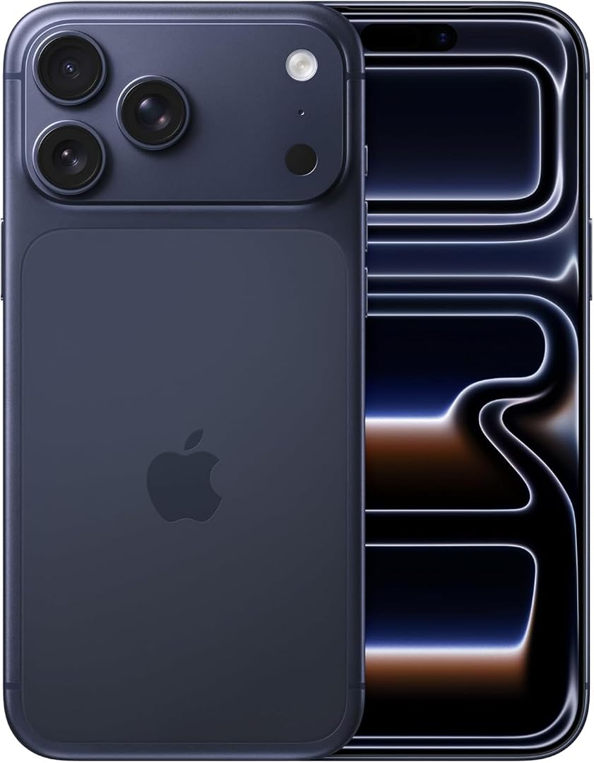 Apple iPhone 17 Pro Max 256GB in Deep Blue, back and front views showing the triple camera system