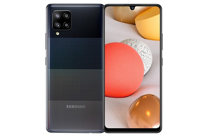 Samsung Galaxy A42 5G in black, rear quad-camera view beside front view with screen on