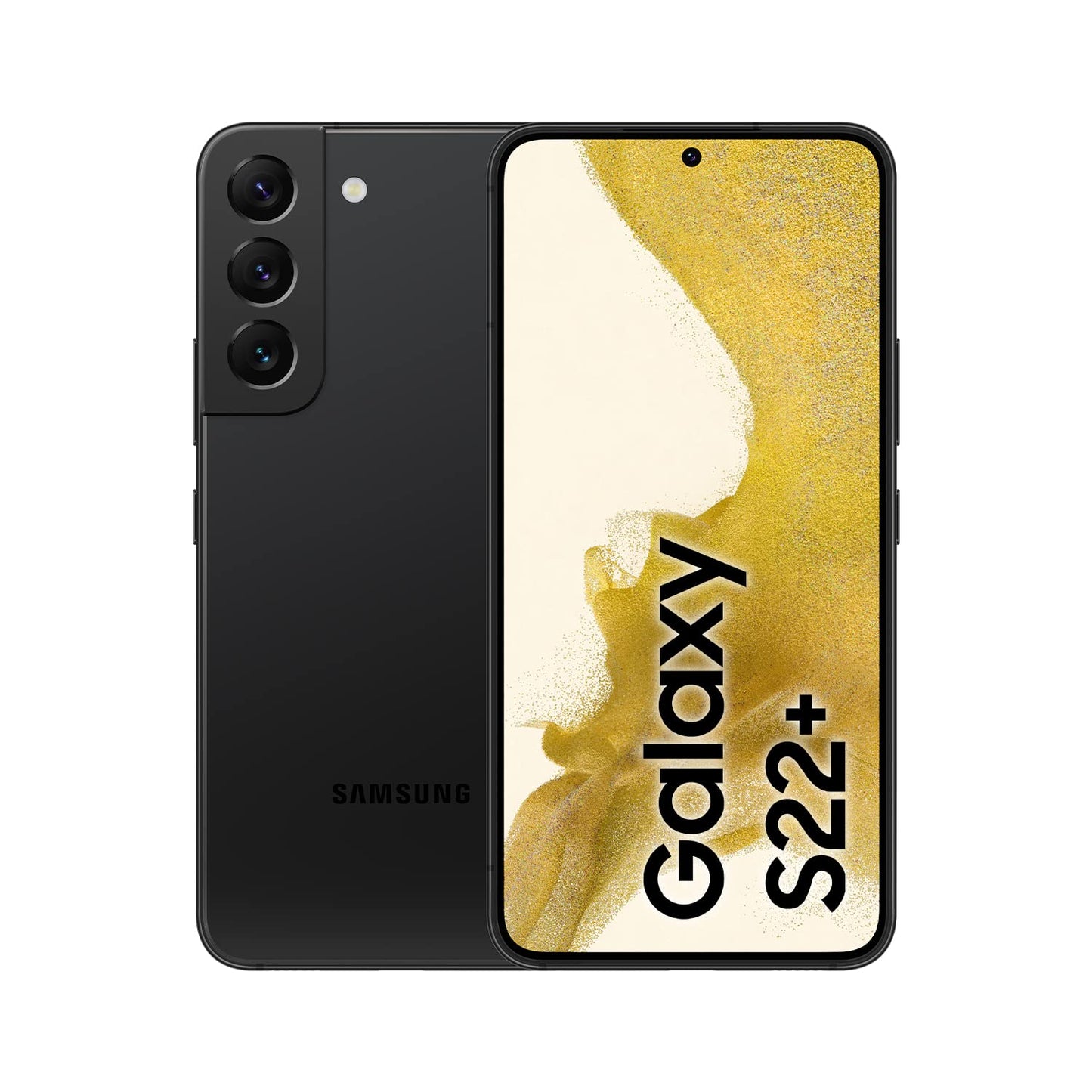 Samsung Galaxy S22 Plus in Phantom Black showing the rear triple camera and front display