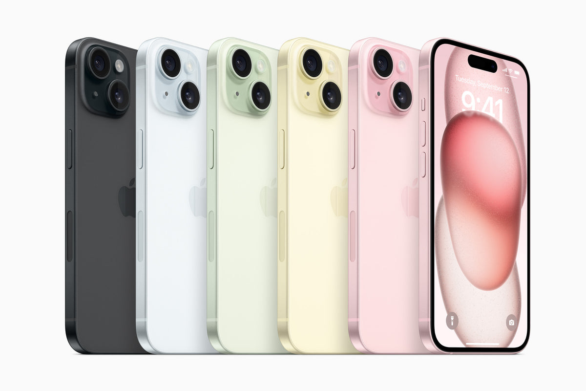 iPhone 15 Plus – five color lineup (black, blue, green, yellow, pink)