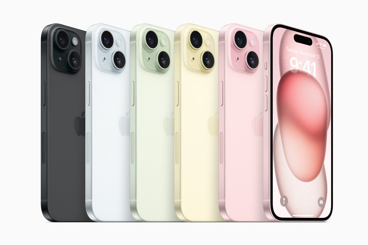 iPhone 15 – five color lineup (black, blue, green, yellow, pink)