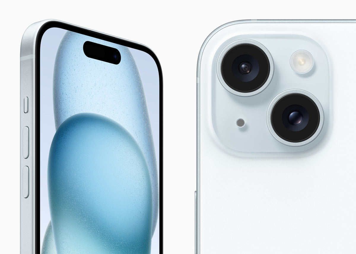 iPhone 15 Plus – blue finish, front and back view
