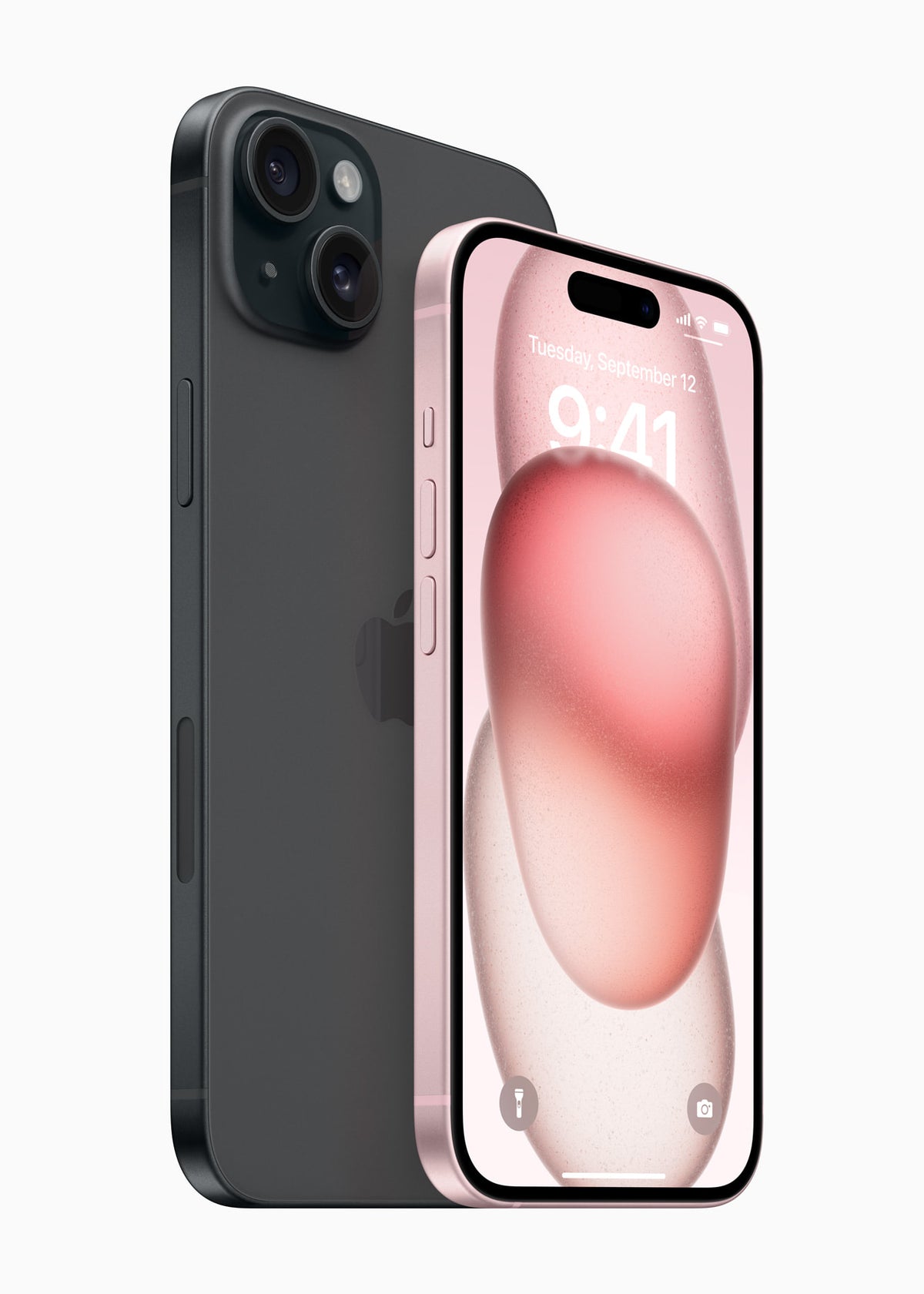 iPhone 15 Plus – front and rear view, pink and black