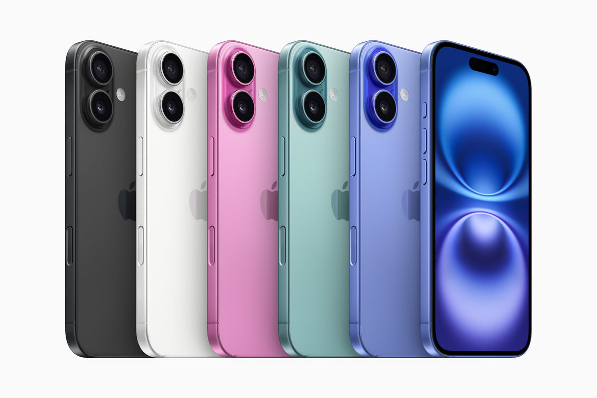 iPhone 16 – color lineup in black, white, pink, teal, and ultramarine