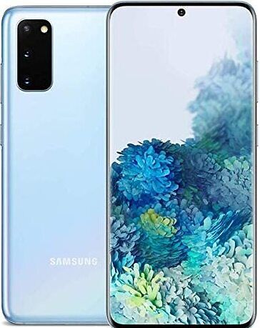 Samsung Galaxy S20 5G in Cloud Blue, rear and front views with blue-green abstract wallpaper on the display