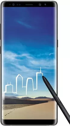 Samsung Galaxy Note 8 64GB certified pre-owned in Midnight Black — front view with screen on and S Pen